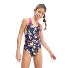 Speedo Girls Allover Splashback One Piece-Swimwear-Speedo-6-Black/Electric Pink/Indigo Glow/Hypersonic Blue/Lumo Green-8-00262415930-Ashlee Grace Activewear & Swimwear Online