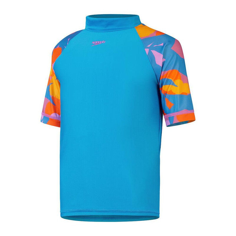 Speedo Girls Printed Short Sleeve Sun Top-Swimwear-Speedo-AU6 | GB7-8-Baja Blue/Mango/Twilight Mauve/Carrot Cake/Neon Violet-Ashlee Grace Activewear & Swimwear Online