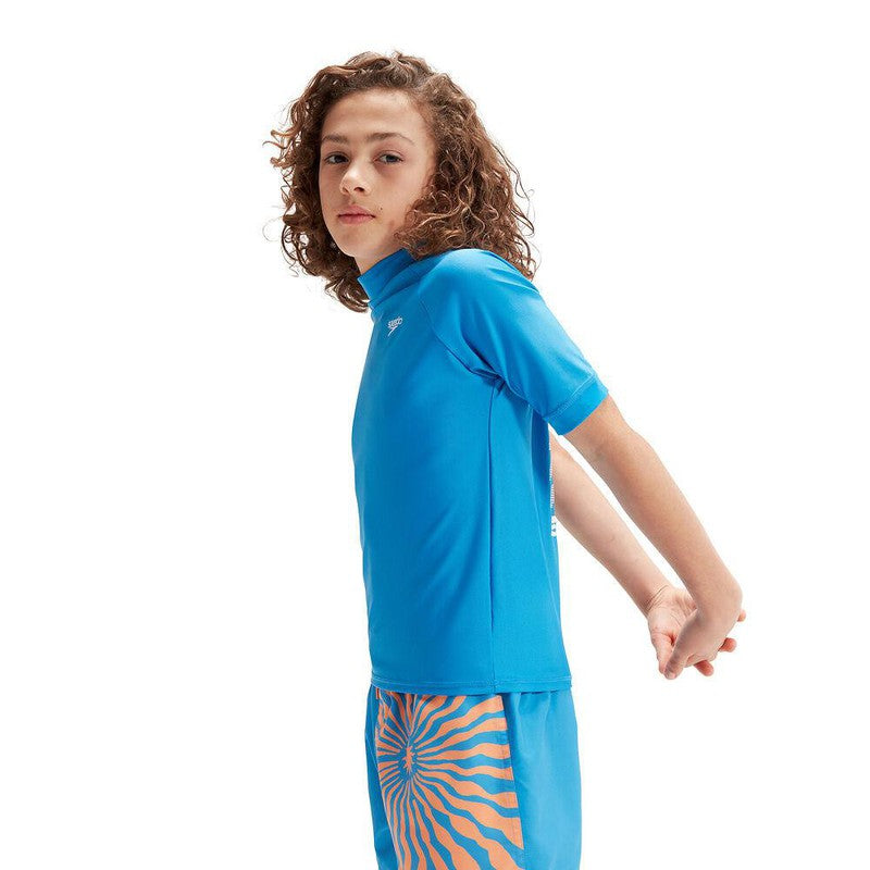 Speedo Boys Printed Short Sleeve Rashtop-Swimwear-Speedo-AU6 | GB5-6-Baja Blue/White-8-00316615742-Ashlee Grace Activewear & Swimwear Online