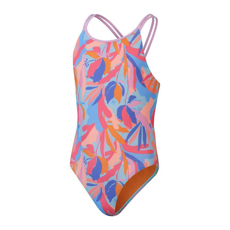 Speedo Girls Allover Double Thinstrap-Swimwear-Speedo-AU6 | GB7-8-Funny Pink/Fandango Pink/Marine Blue-Ashlee Grace Activewear & Swimwear Online
