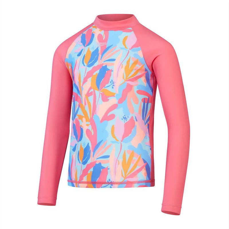Speedo Girls Printed Long Sleeve Rash Top-Swimwear-Speedo-AU6 | GB5-6-Fandango Pink/Marine Blue/Funny Pink/Pumpkin Spice-Ashlee Grace Activewear & Swimwear Online