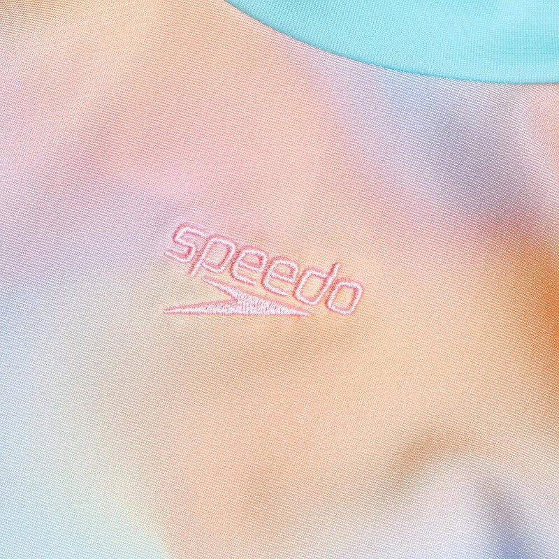 Speedo Girls Printed Long Sleeve Rash Top-Swimwear-Speedo-AU6 | GB5-6-Colour Neon Violet/Parma Violet/Baja Blue/Mango/Twilight Mauve-Ashlee Grace Activewear & Swimwear Online