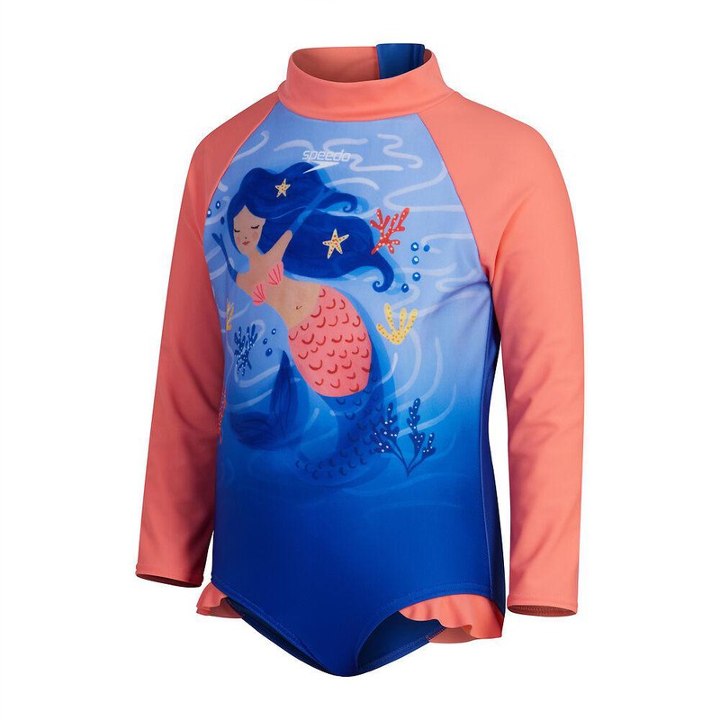 Speedo Toddler Girls Long Sleeve Frill Swimsuit-Swimwear-Speedo-2-True Cobalt/Cupid Coral-Ashlee Grace Activewear & Swimwear Online