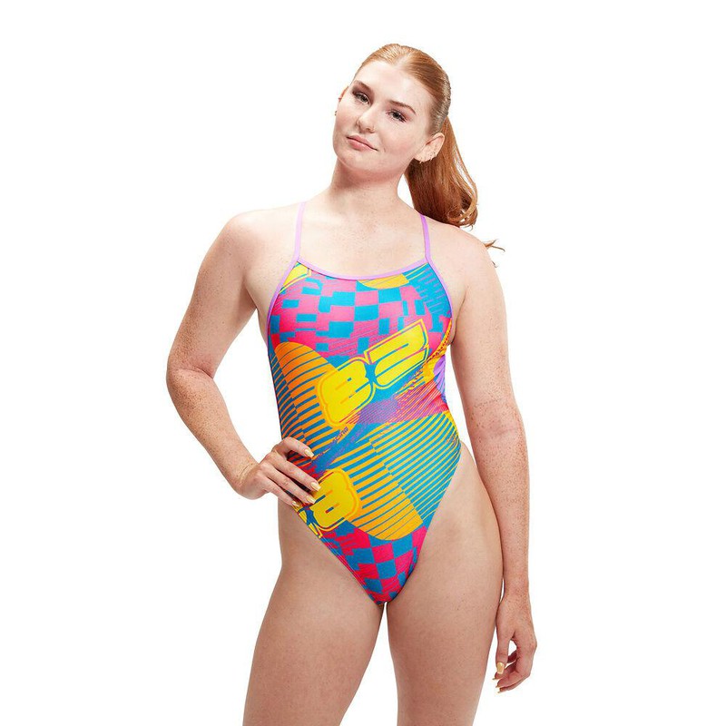 Speedo Womens Allover Digital V-Back-Swimwear-Speedo-AU2 | GB26-Flare Pink/Bitter Lime/Sweet Purple/Bolt/Mandarin Peel-8/1284316625-Ashlee Grace Activewear & Swimwear Online