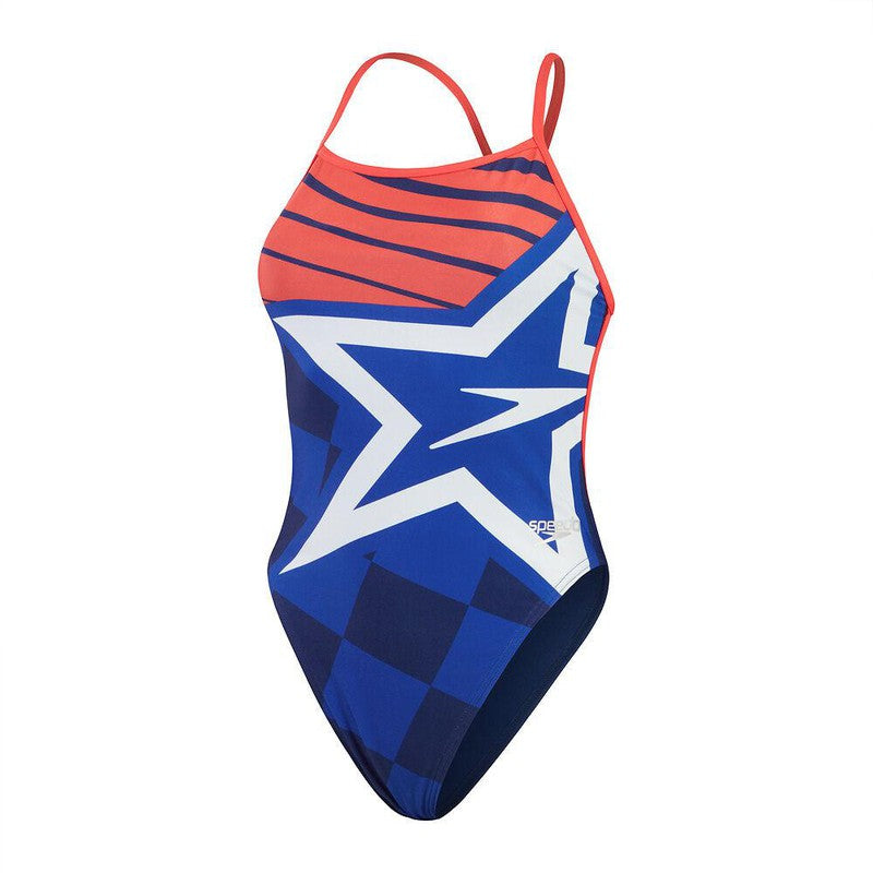 Speedo Womens Placement Digital V-Back-Swimwear-Speedo-AU8 | GB32-Cerulean Blue/True Cobalt/Watermelon/White-Ashlee Grace Activewear & Swimwear Online