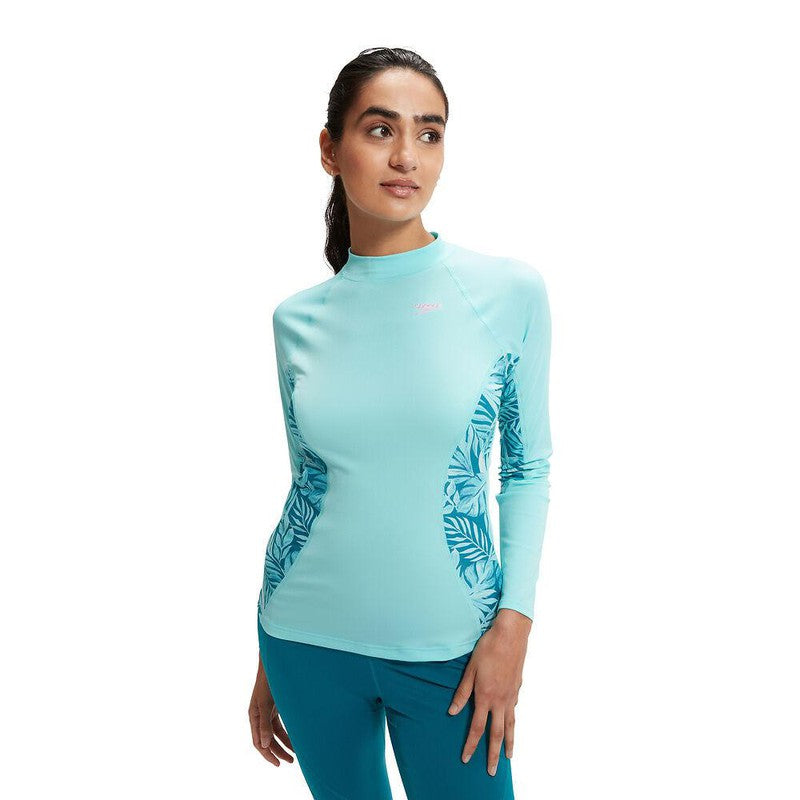 Speedo Womens Printed Long Sleeve Rash Top-Swimwear-Speedo-M-Peacock/Marine Blue-Ashlee Grace Activewear & Swimwear Online
